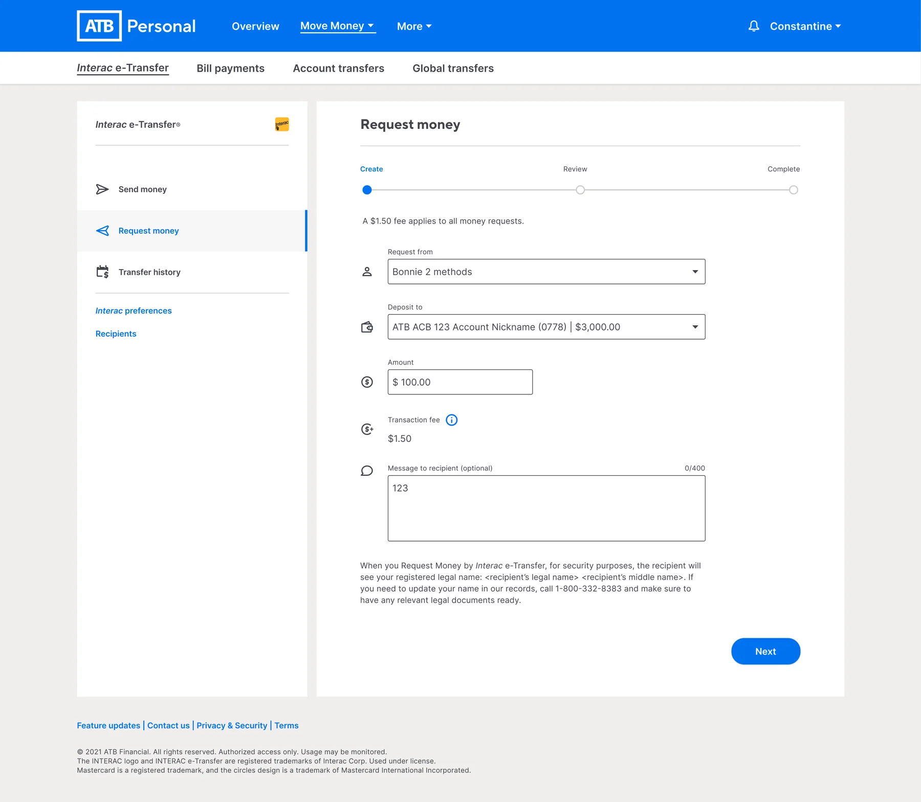Request e-Transfer, before