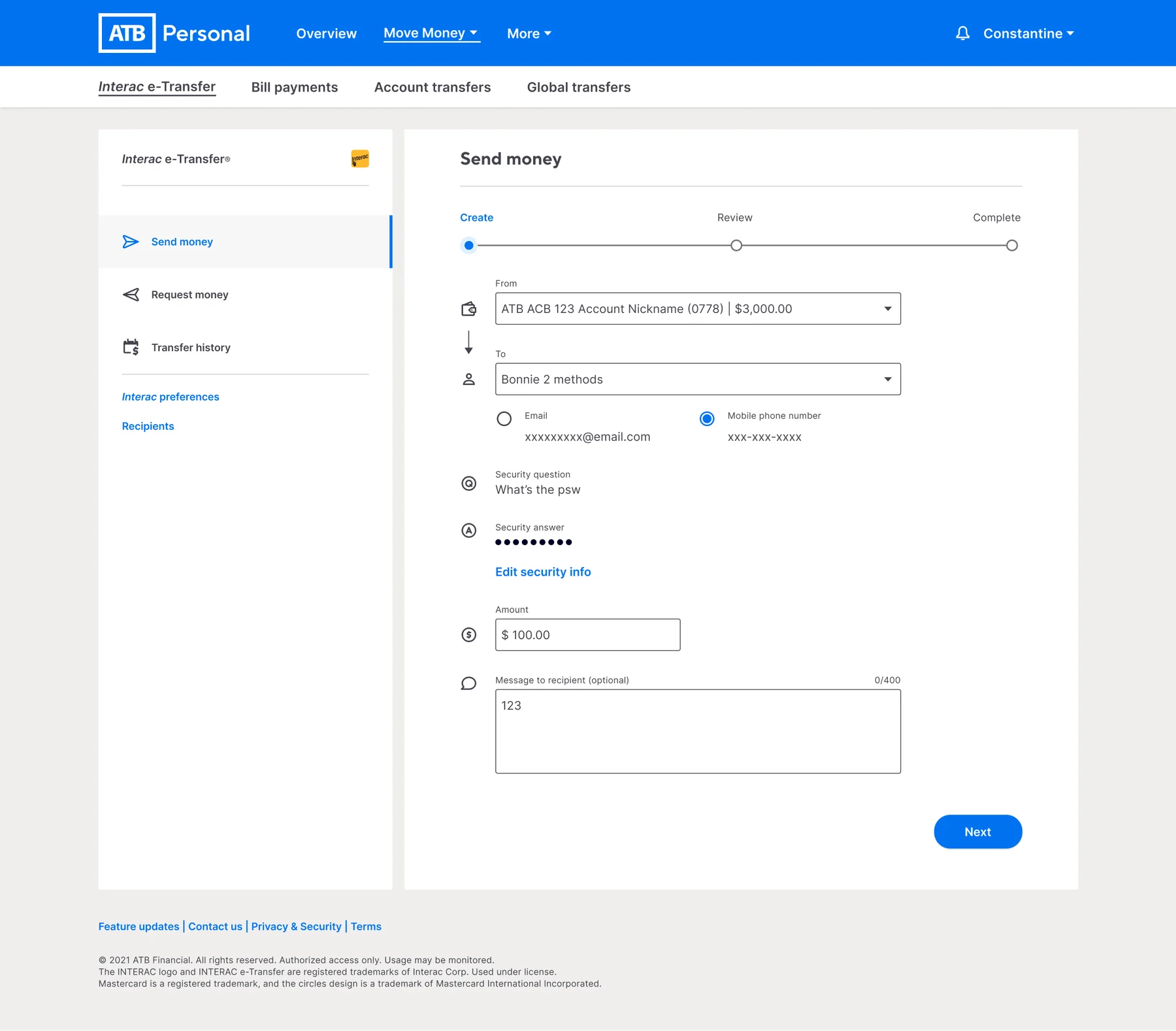 Send e-Transfer, after