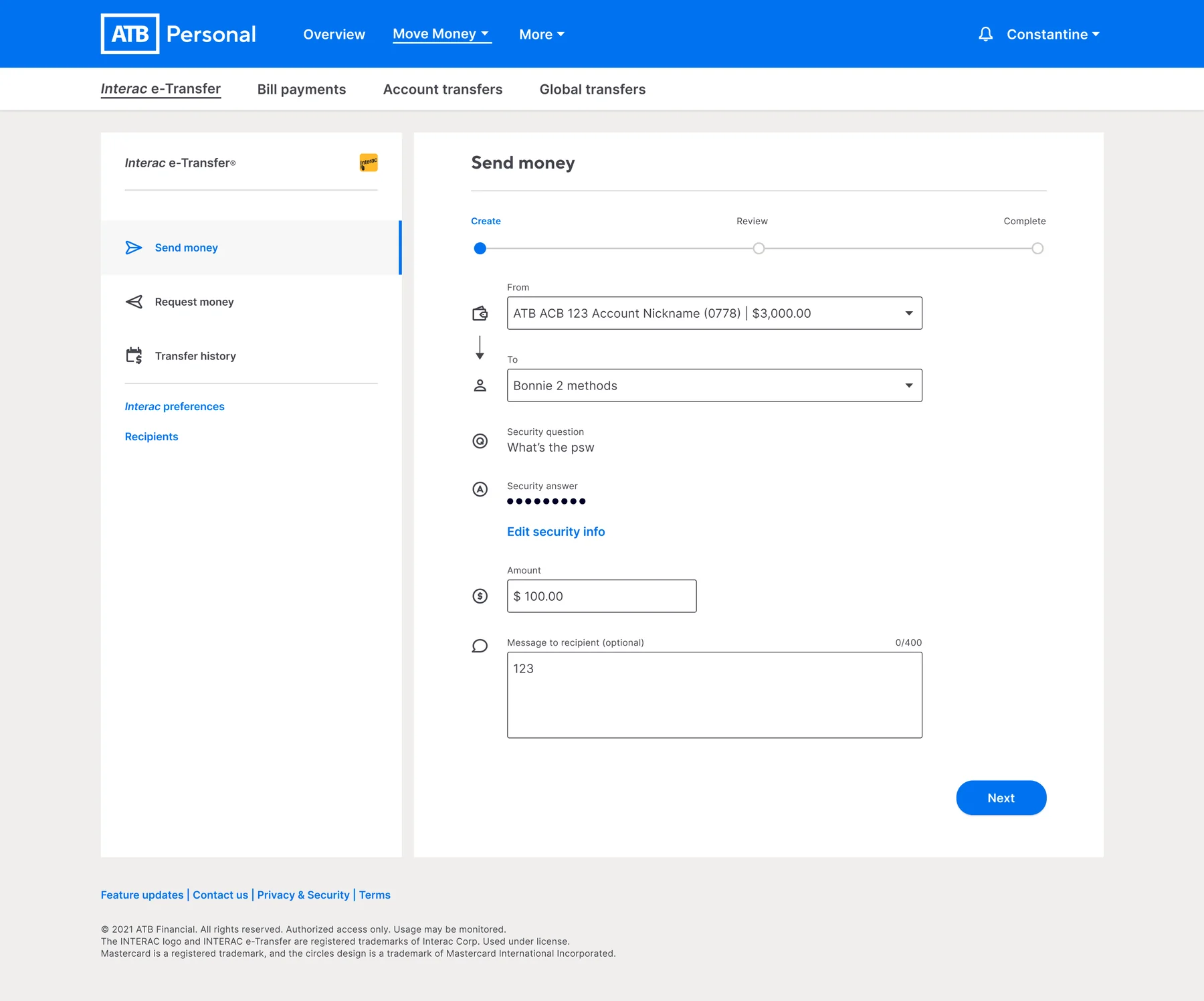 Send e-Transfer, before