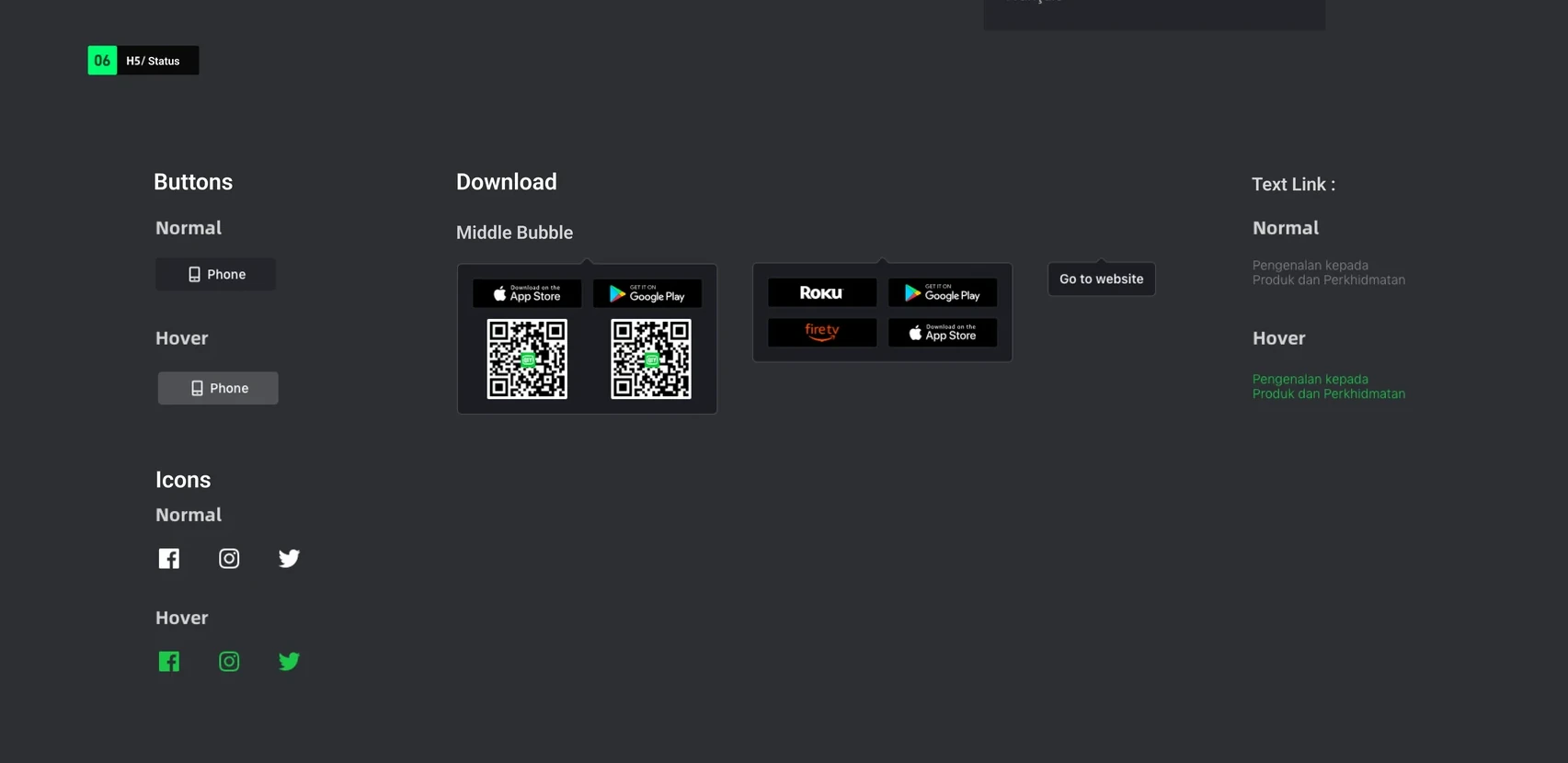 Component sheet: buttons, social icons and text links each specified in normal and hover states, plus the app-store download badges
