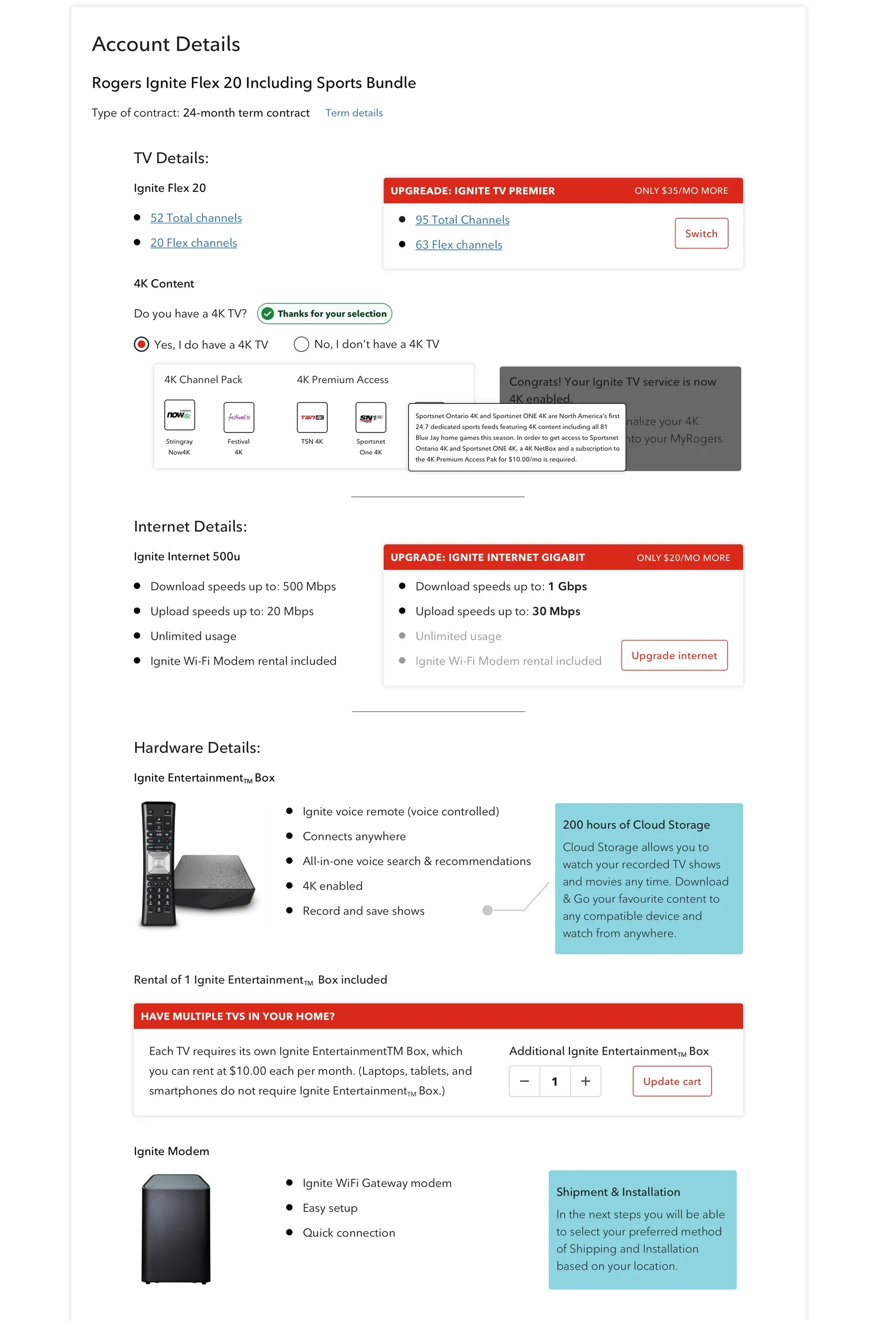 Account Details after the redesign, categorised into TV, Internet and Hardware, with one-tier upgrade options beside each current selection